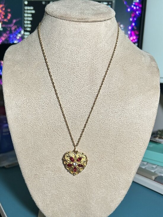 Avon Jewelry - Vintage Avon Gold Tone Heart Pendant Necklace Red Rhinestone Floral Design